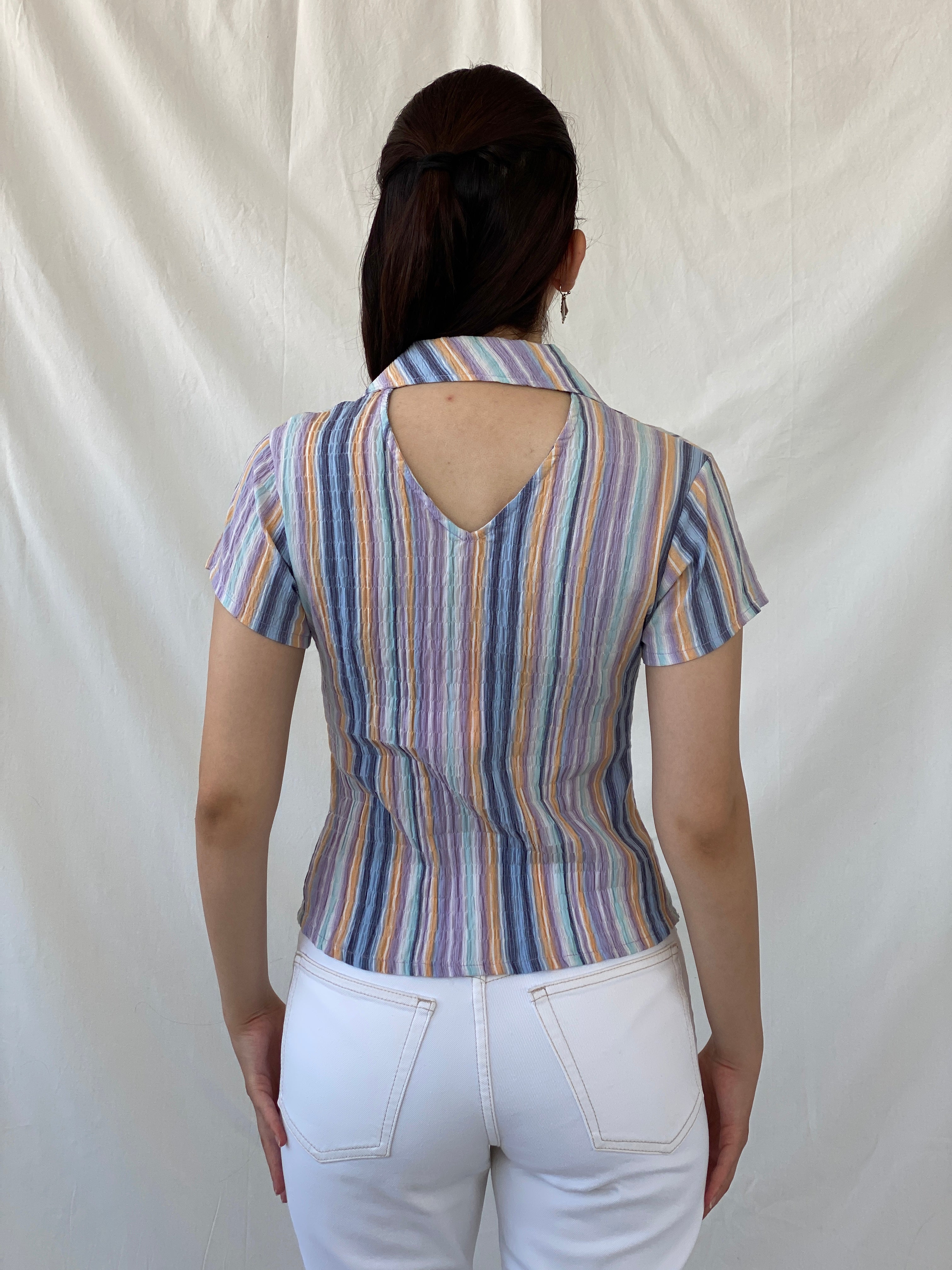 Y2K Pastel Purple Blue Striped Cut Out Back Scrunch Short Sleeve Shirt- M