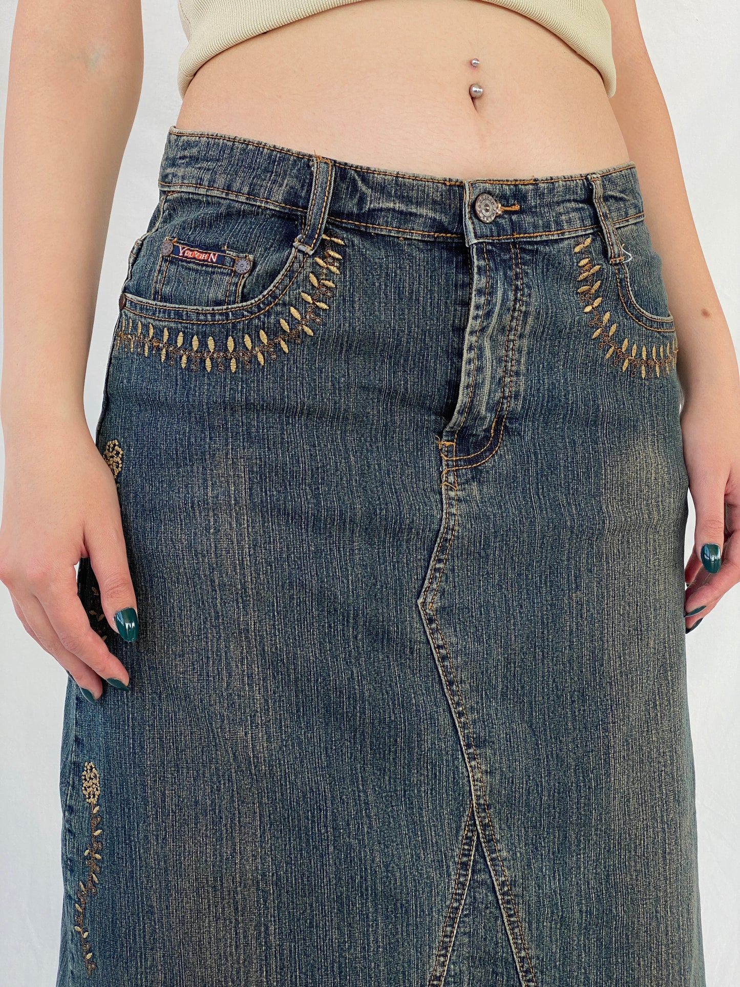 Vintage Y2K Youyipin Jeans Maxi A-line Embroidered Denim Skirt - 42EUR