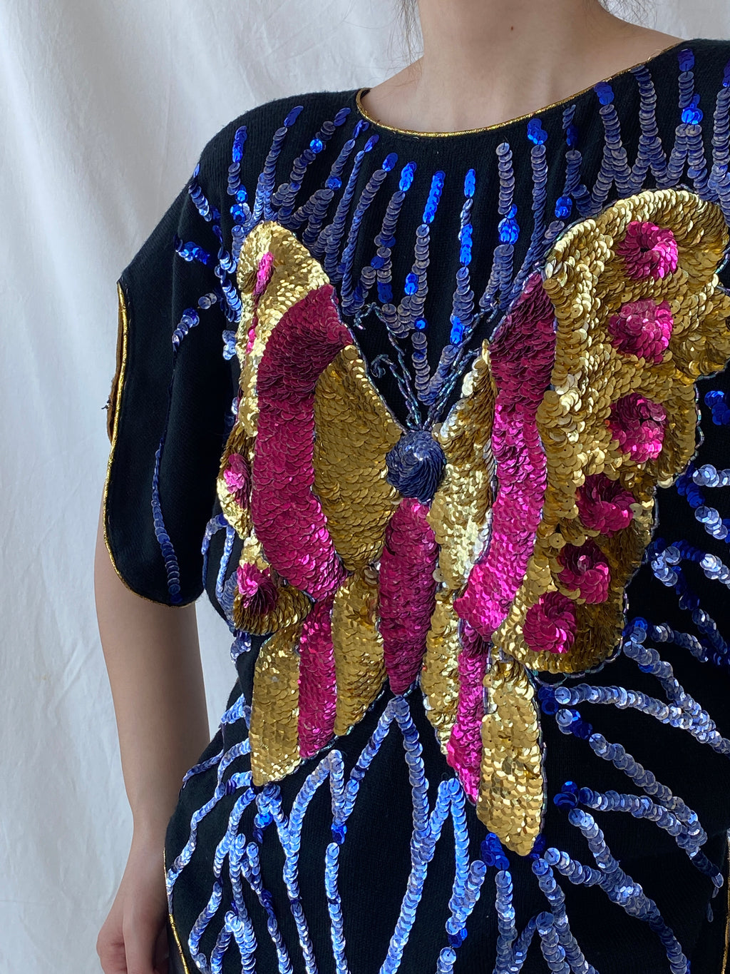 Vintage Y2K Alzouhour Sequined Butterfly Black Top - M