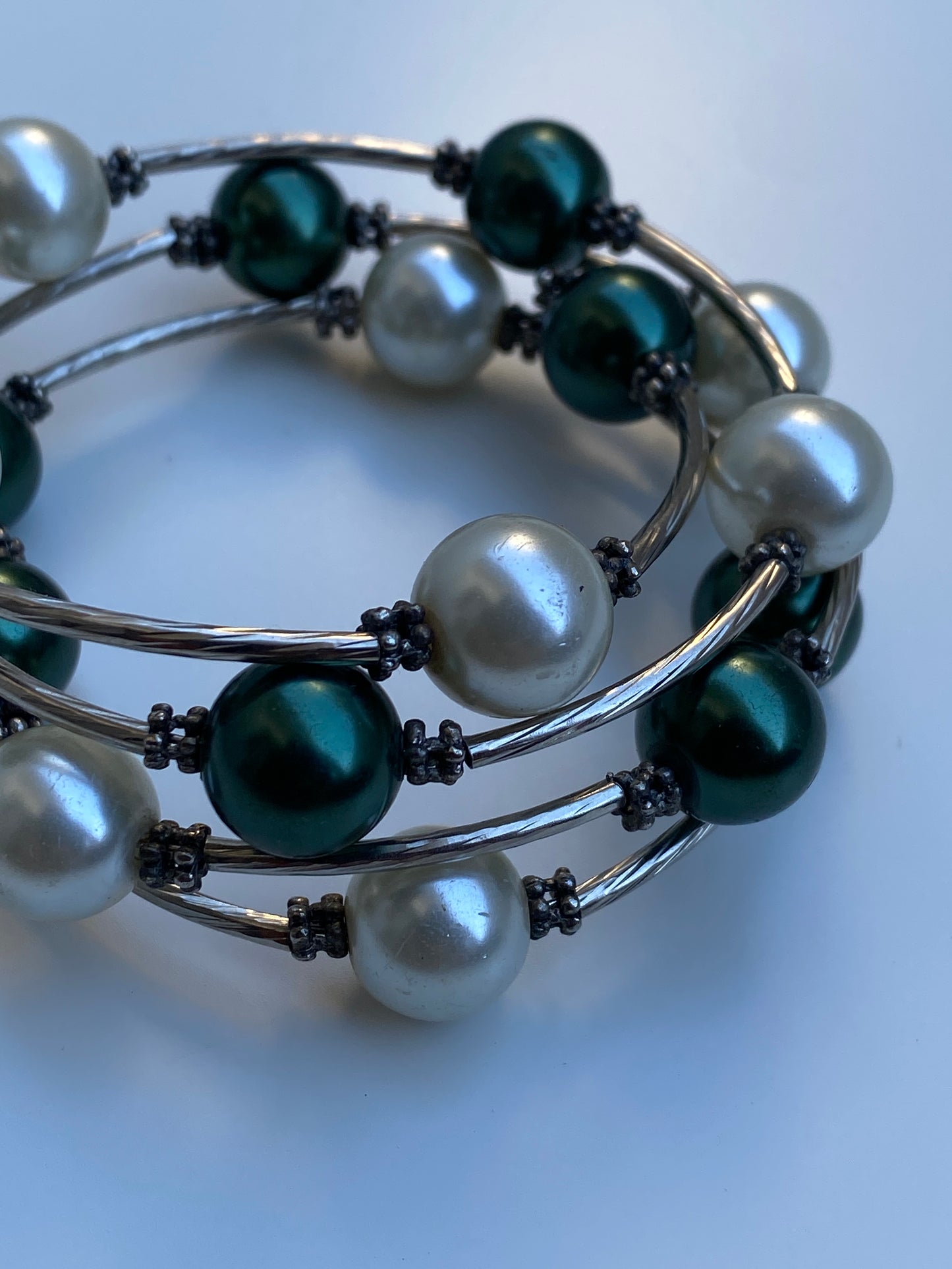 Vintage Silver-Tone Green & Ivory Faux Pearl Wire Wrap Multi-Strand Bracelet
