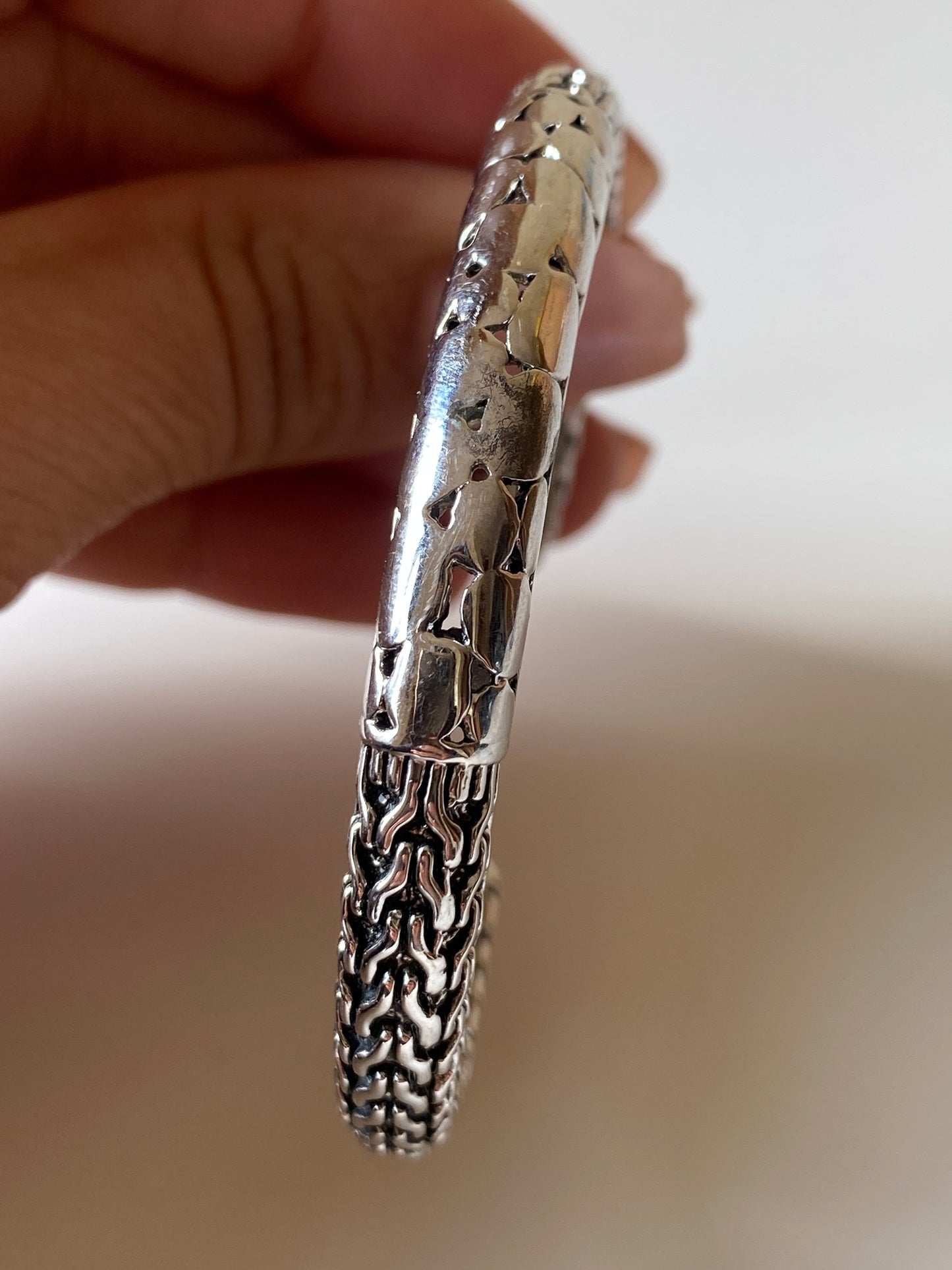 Silver-Tone Woven Chain Link Open Cuff Bracelet Textured Statement Bangle