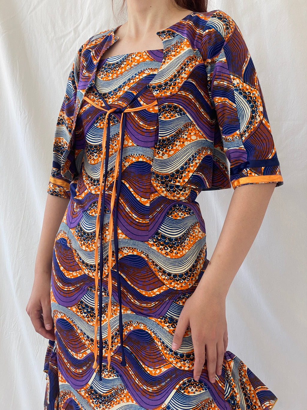 Vintage Handmade Ethnic African Print Purple Orange Midi Sleeveless Dress with Matching Bolero - S
