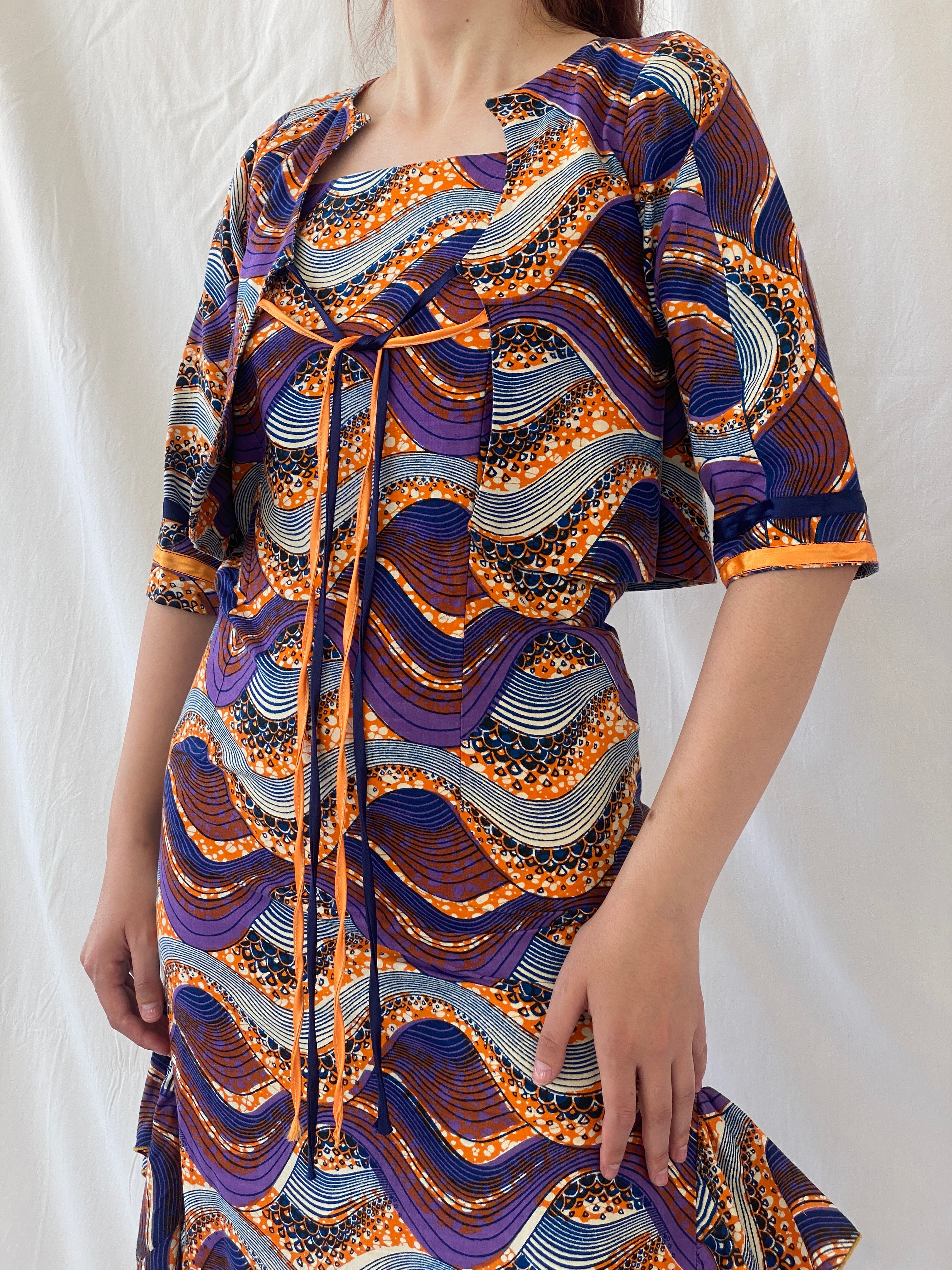 Vintage Handmade Ethnic African Print Purple Orange Midi Sleeveless Dress with Matching Bolero - S