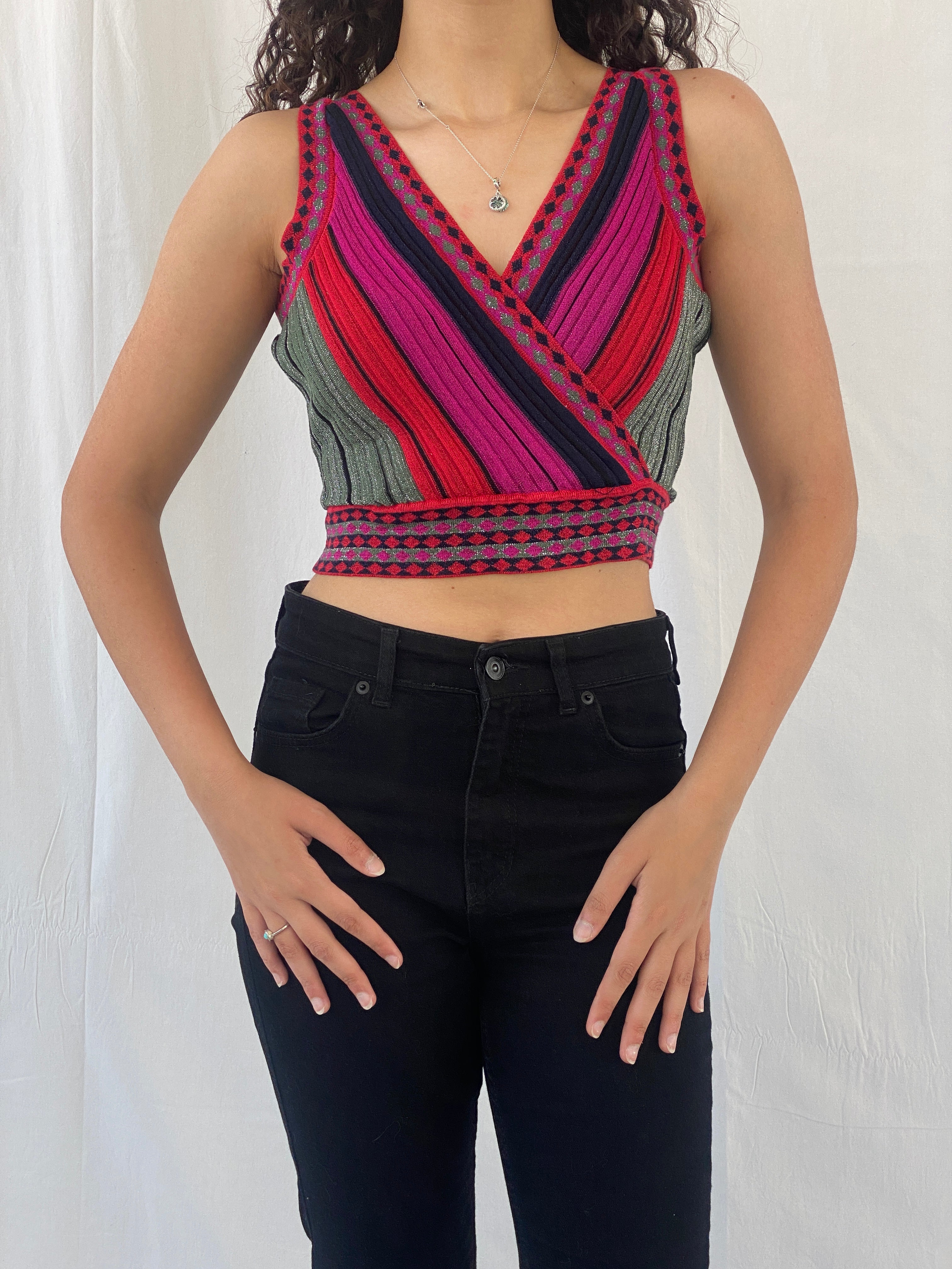 Avrile Shimmery Red Pink V-Neck & V-Back Ribbed Knit Crop Top - S