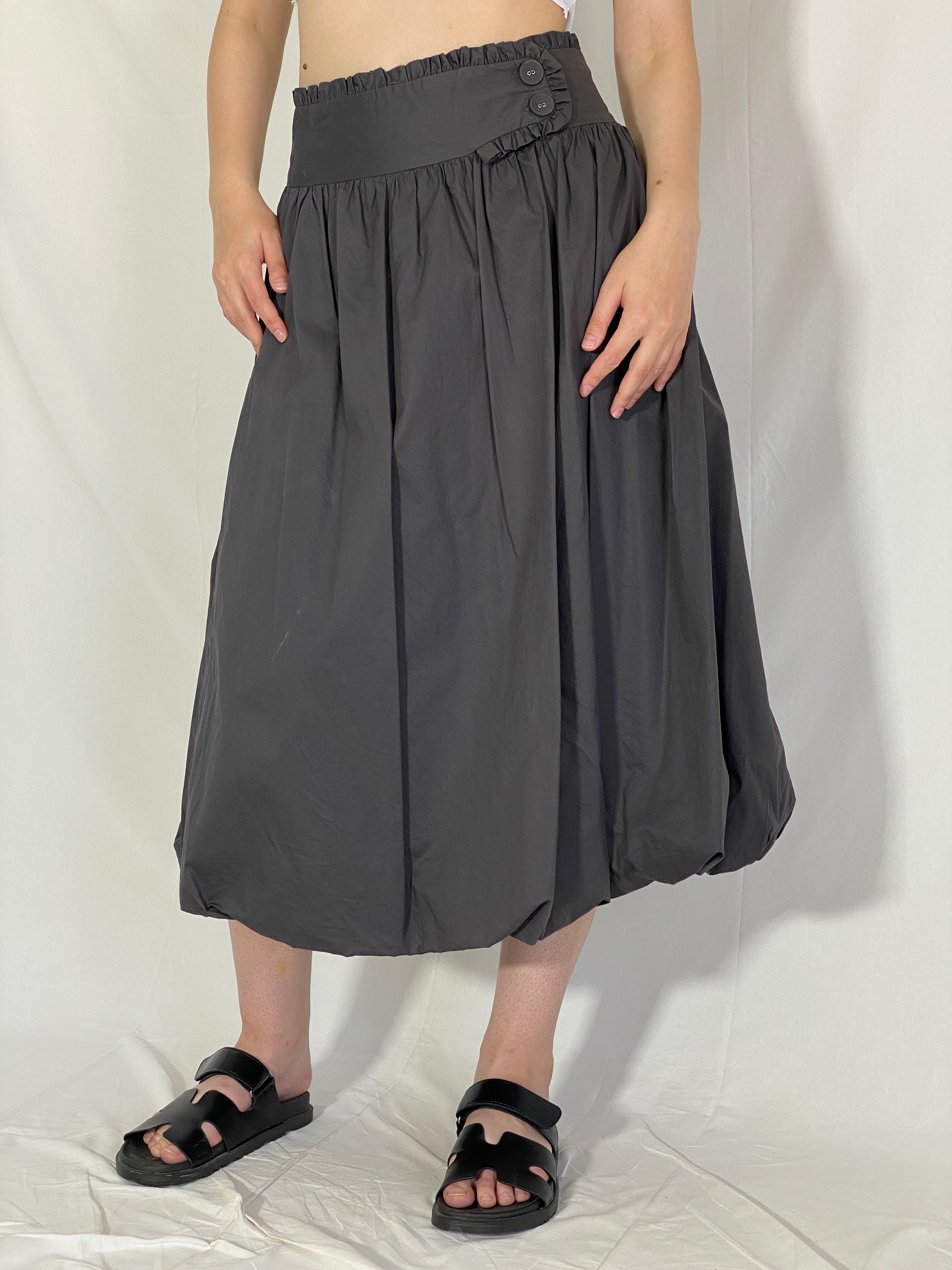 Lavanda Whimsygoth Dark Gray Bubble Midi Skirt Futuristic High Waist Skirt with Button Detail - M