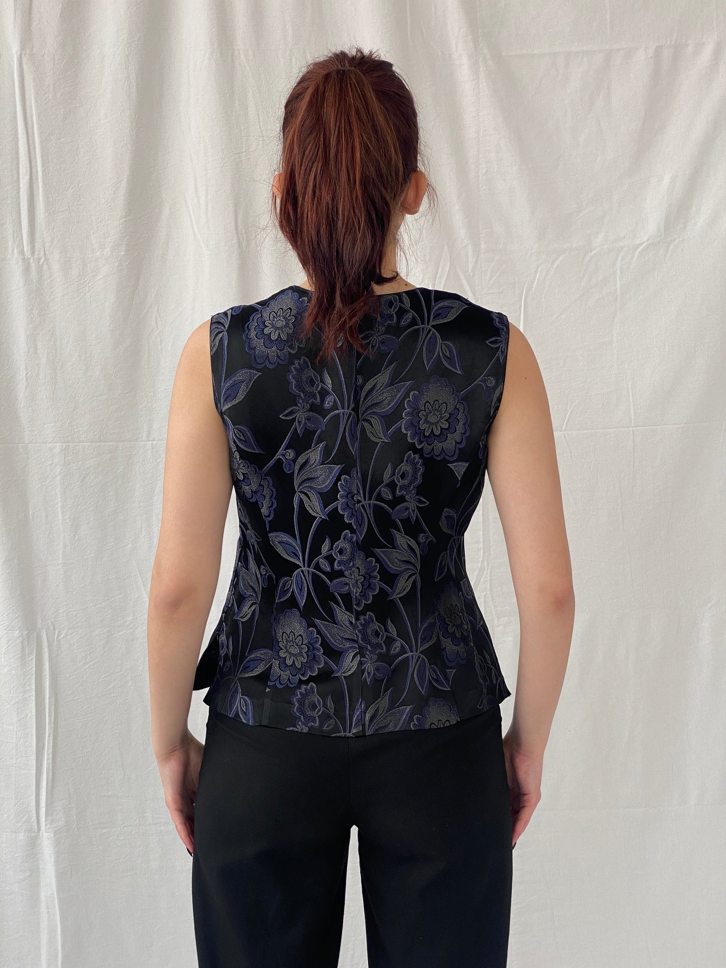 Vintage TINTORETTO Black Blue Floral Sleeveless Wrap Blouse Chinese Brocade Top - L