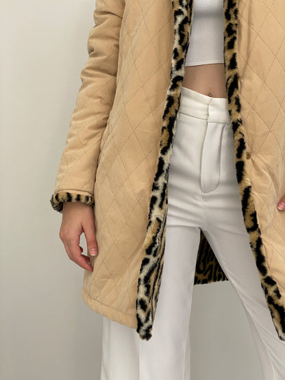 Vintage Y2K Reversible Beige Quilted Leopard Faux Fur Longline Jacket - L