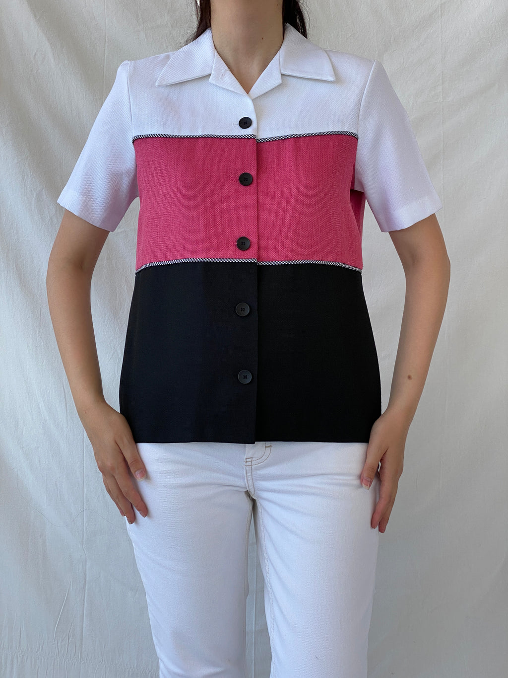 Vintage 90s Alfred Dunner White Pink Black Striped Women’s Padded Short Sleeve Heavy Shirt - M