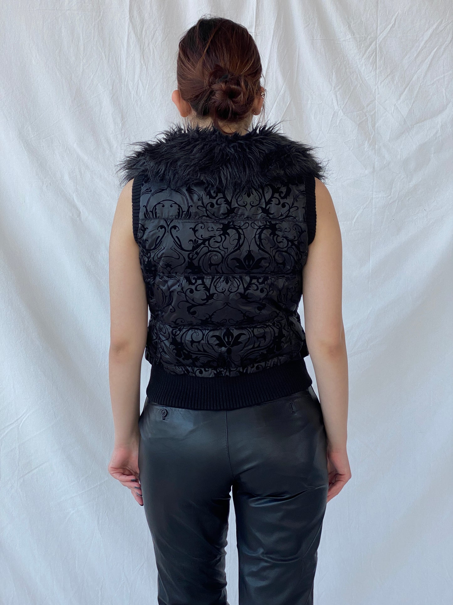 Vintage Y2K Miss Sixty Black Puffer Vest With Faux Fur Collar - M