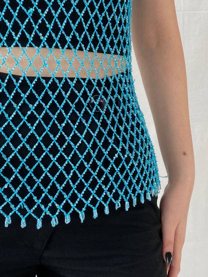 Vintage Y2K 2xtremz Women’s Net Beaded Crochet Blue Top - L