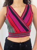 Avrile Shimmery Red Pink V-Neck & V-Back Ribbed Knit Crop Top - S