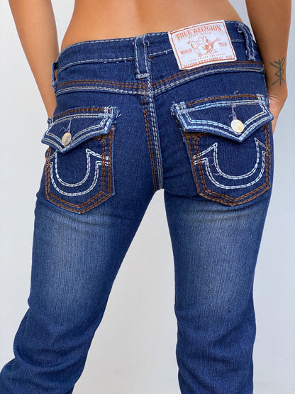 Vintage Y2K True Religion Dark Wash Denim Low Rise Embroidered Bootcut Jeans - S