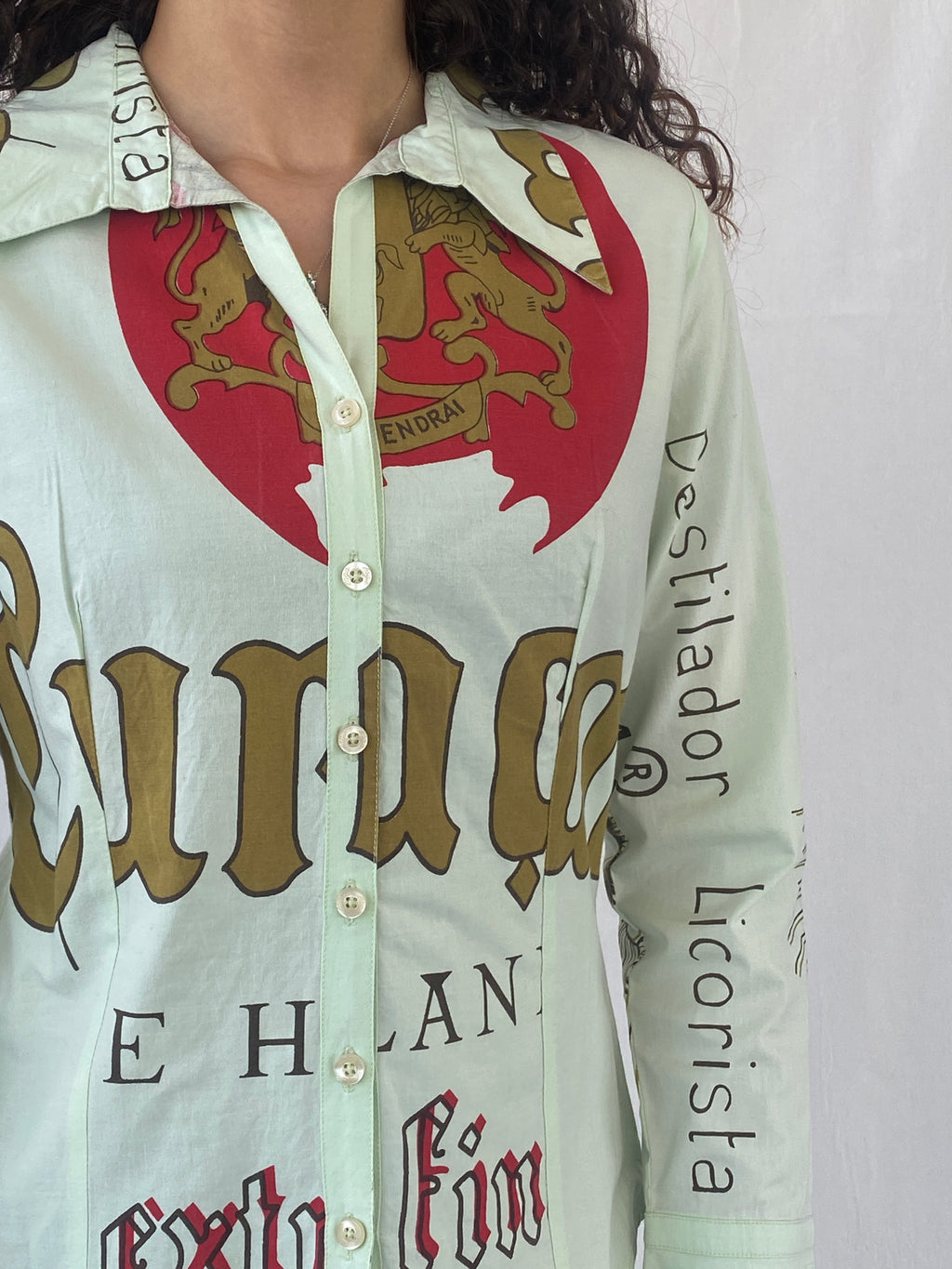 Y2K LAGA Mint Green Women’s Long Sleeve Button Up Graphic Cotton Shirt - M