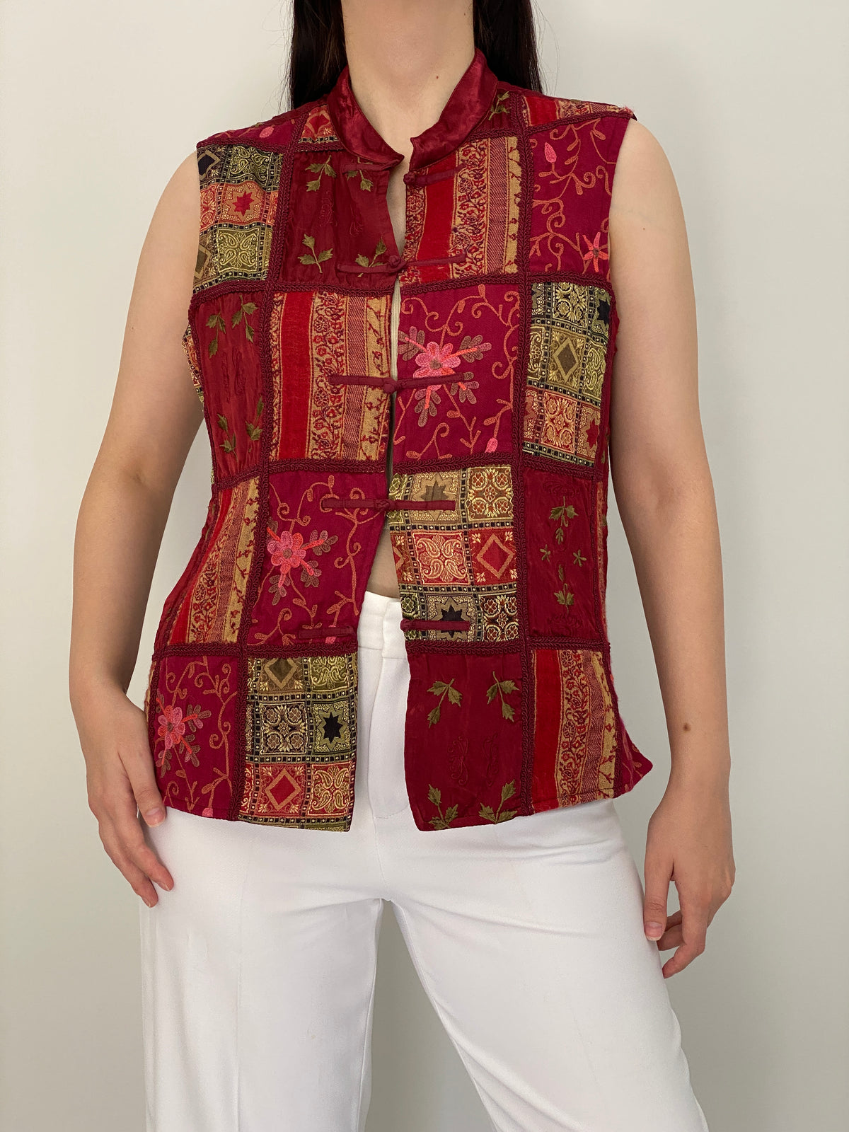 Vintage 90s Coldwater Creek Burgundy Patchwork Embroidered Vest - M