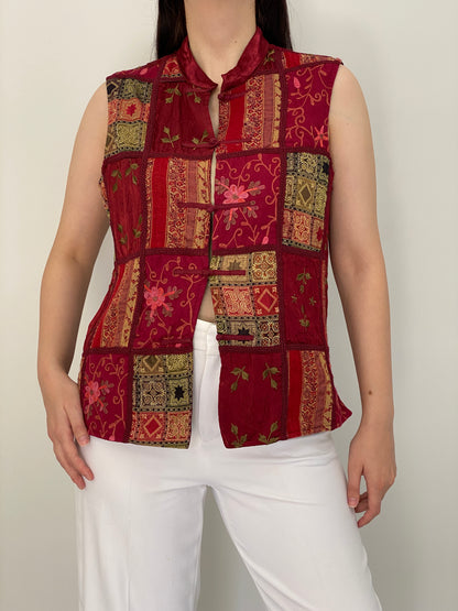 Vintage 90s Coldwater Creek Burgundy Patchwork Embroidered Vest - M