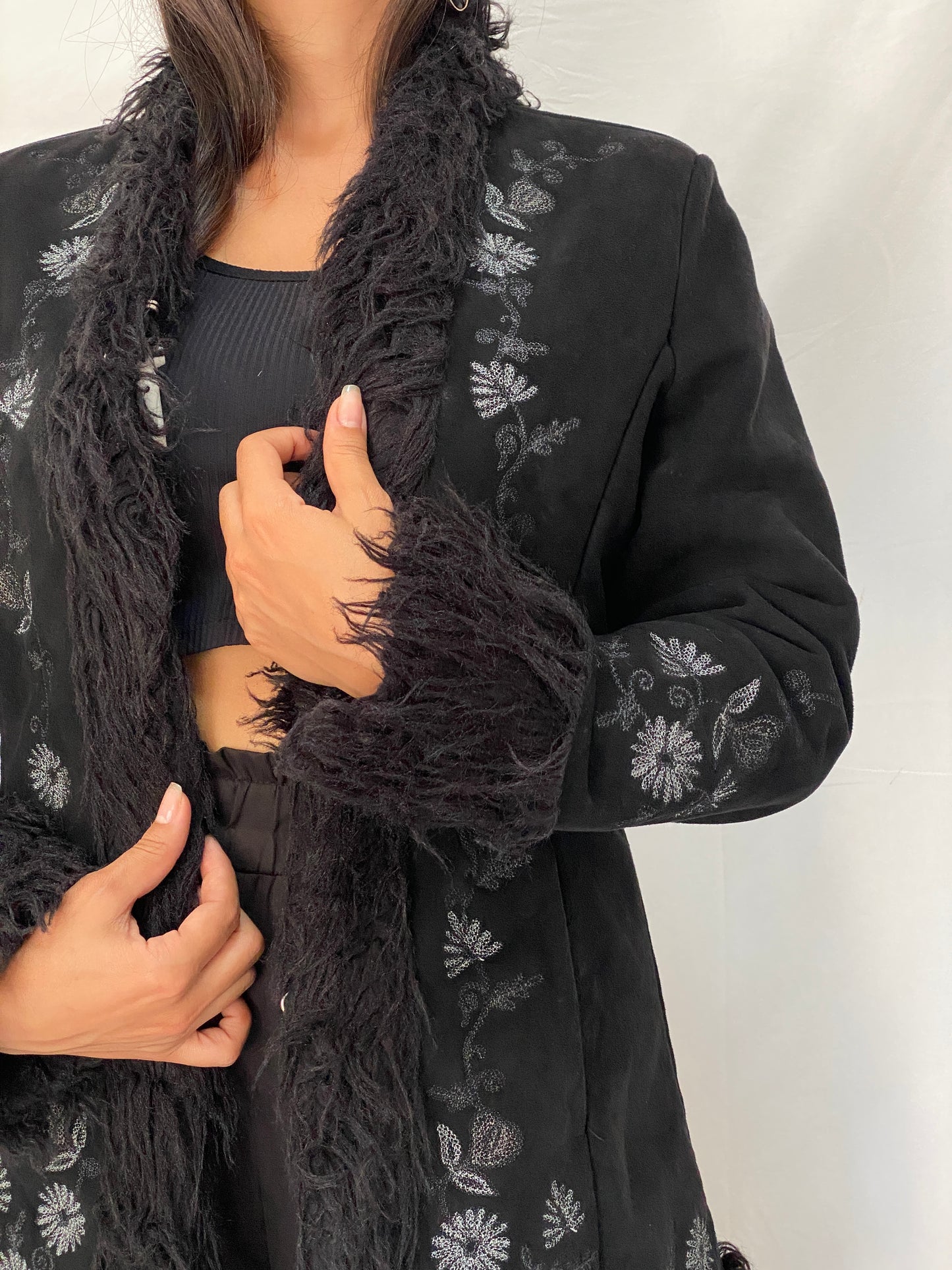 Vintage NEXT Black Embroidered Faux Suede Penny Lane Coat Y2K Boho Shaggy Trim Jacket - M
