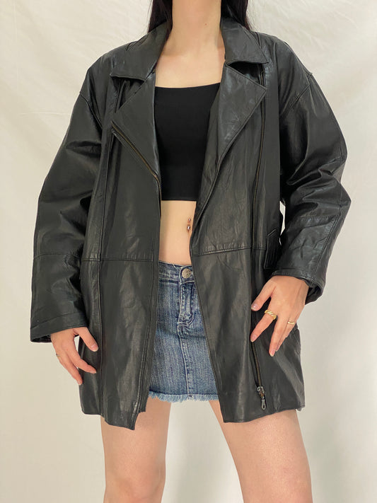Vintage 90s Genuine Leather Moto Jacket Black Oversized Biker Coat - XL