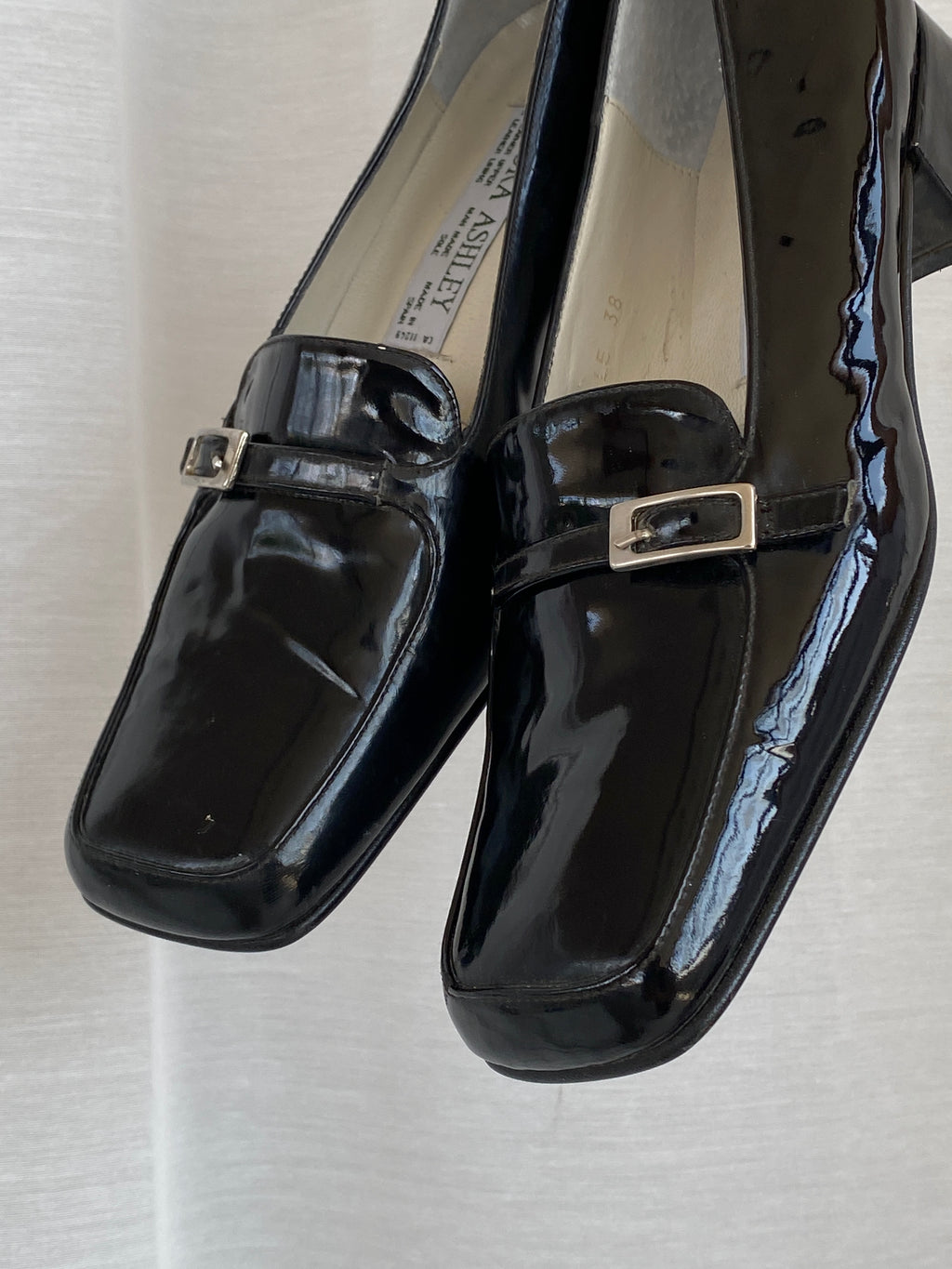 Vintage Laura Ashley Black Patent Leather Loafers with Buckle Detail – Women’s Size 38EU