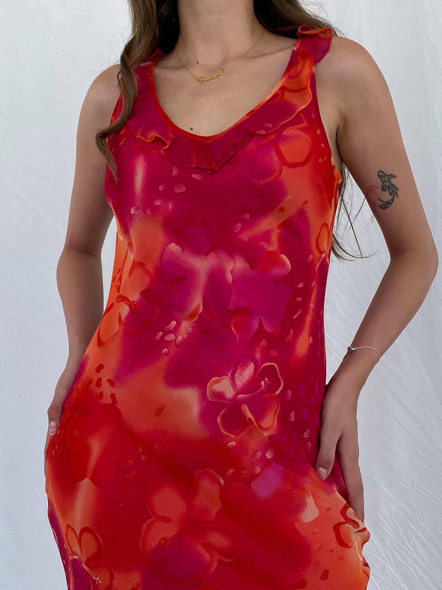 Y2K Cõté Femme Orange & Pink Midi Dress - M