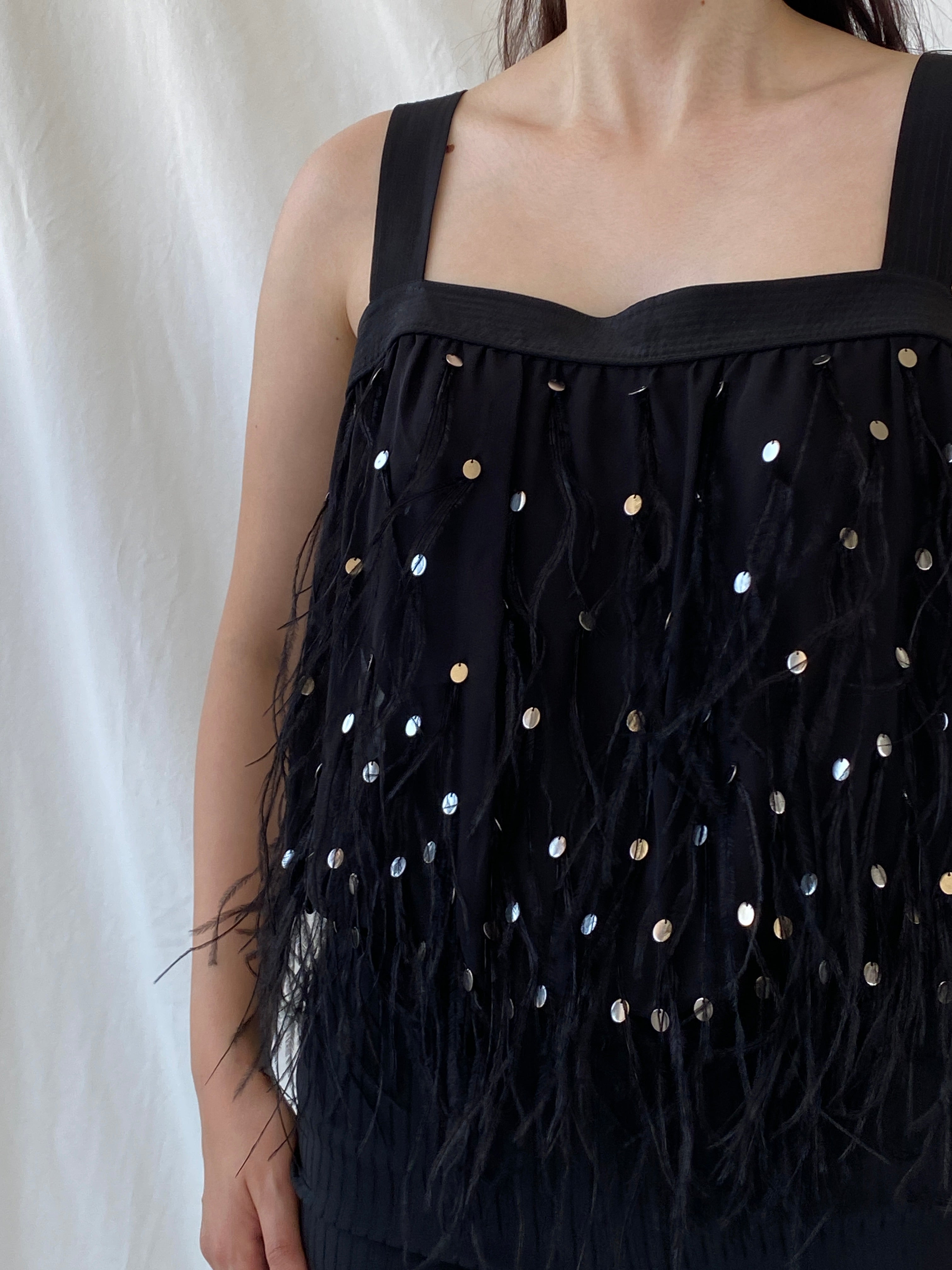 NWT Vintage FÉRAUD Paris Black Silk Feather Sequin Top - M