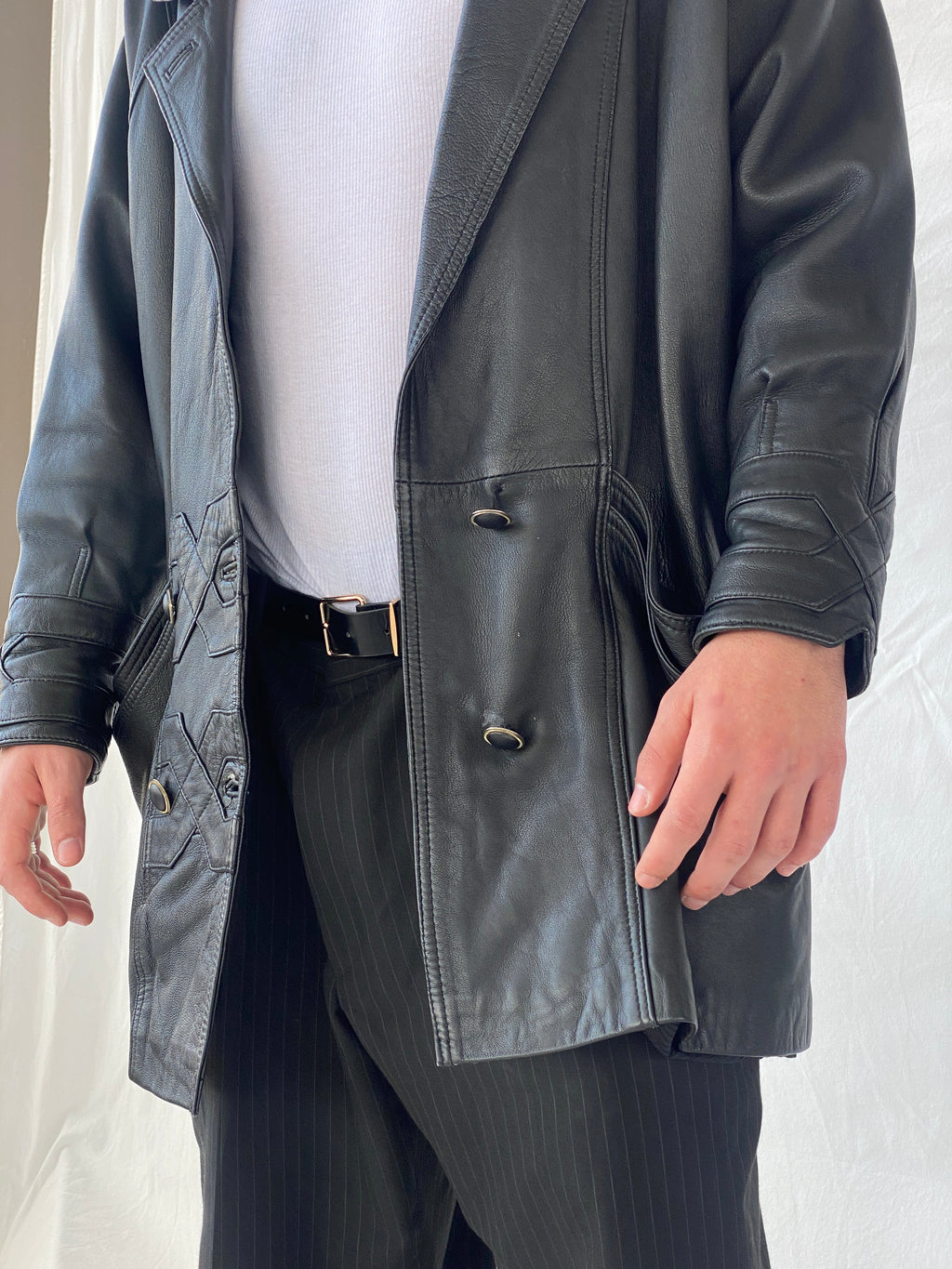 Statement 90s Vintage Genuine Italian Black Leather Coat with Geometric Details - L