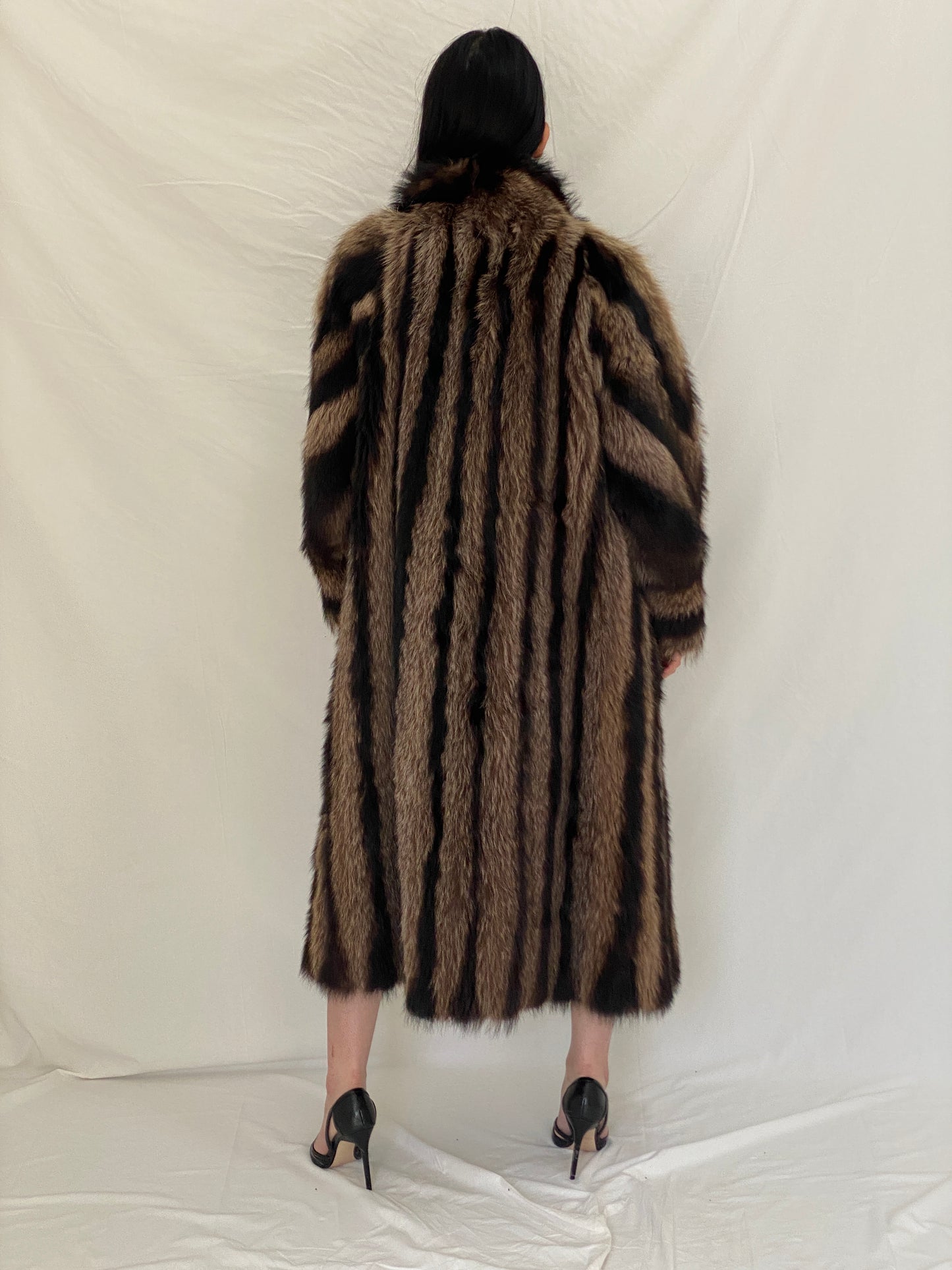 Vintage Handmade Real Raccoon Fur Brown Long Coat Luxury Statement Coat - L
