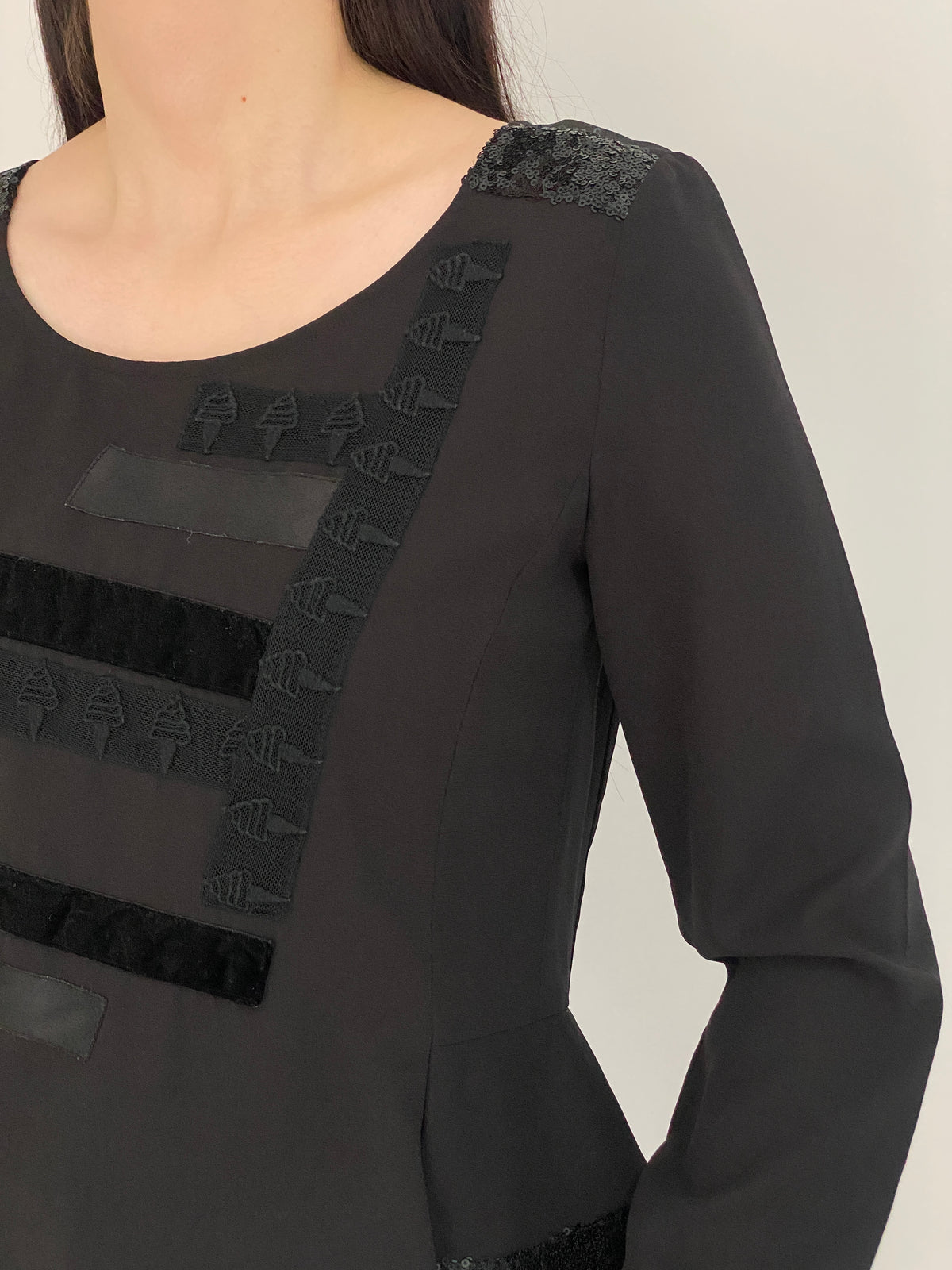 Vintage SÃO PAULO Black Sequin Patched Peplum Evening Top – S