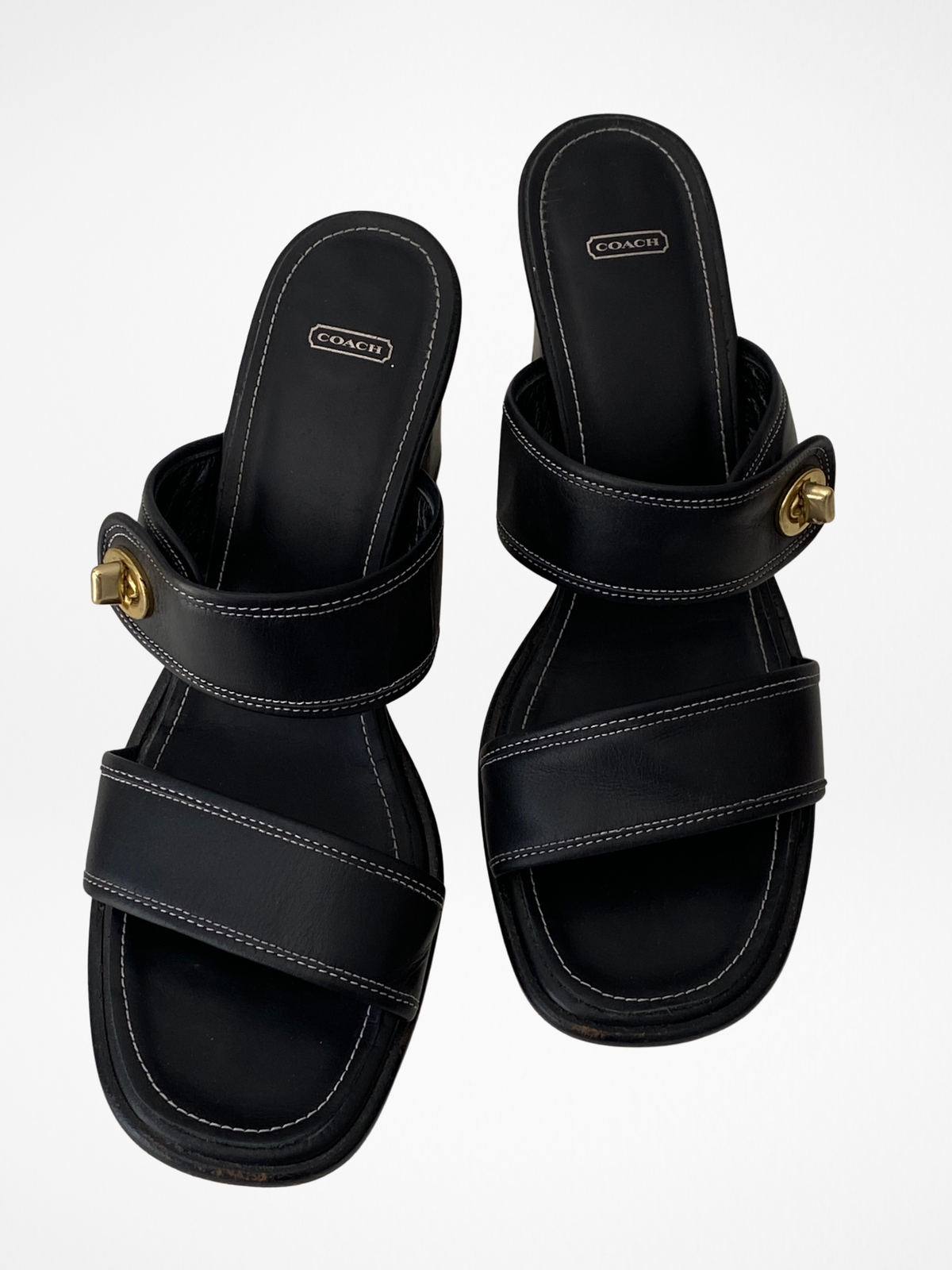 Vintage Coach Molly Black Leather Turnlock Block Heel Sandals - 38.5 EU
