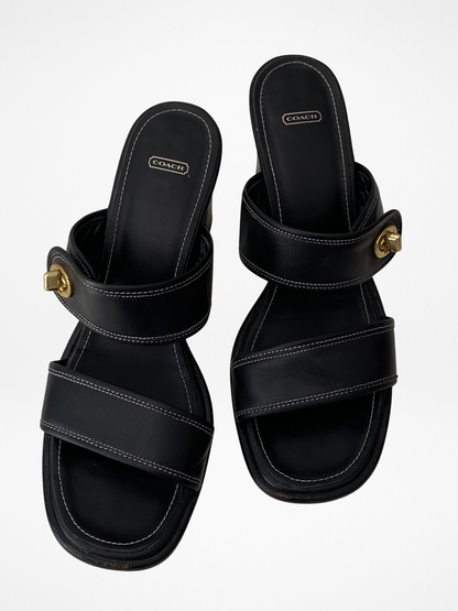 Vintage Coach Molly Black Leather Turnlock Block Heel Sandals - 38.5 EU