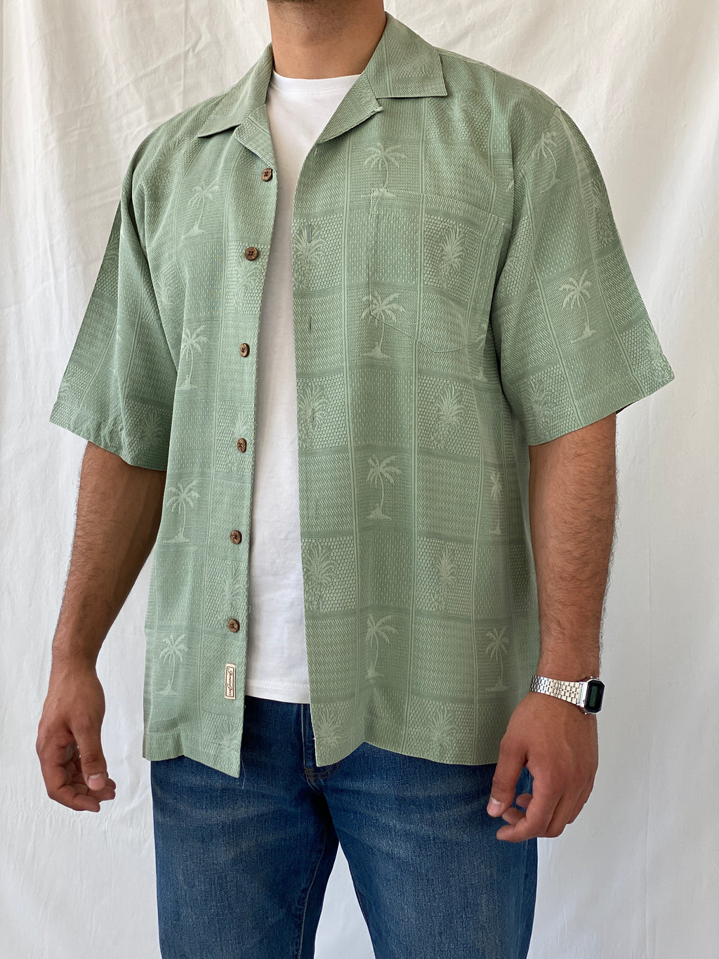 Vintage Jamaica Jaxx Mint Green Short Sleeve Button Up Men’s Hawaiian Silk Shirt - M