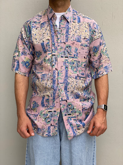 Vintage 90s Microfil Abstract Pastel Print Button-Up Shirt - M