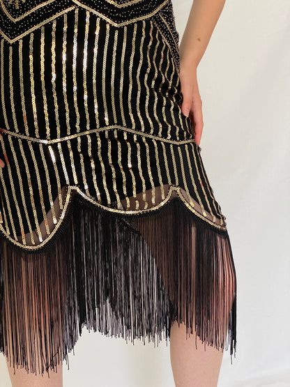 Vintage Art Deco Gatsby Black & Gold Sequin Fringe Cocktail Dress –  S