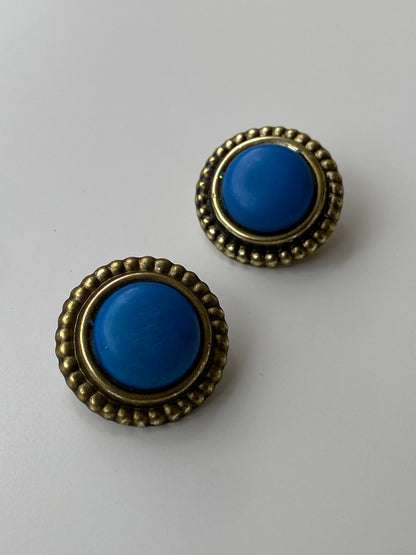 Vintage Blue Cabochon & Antiqued Brass Beaded Rim Clip-On Earrings