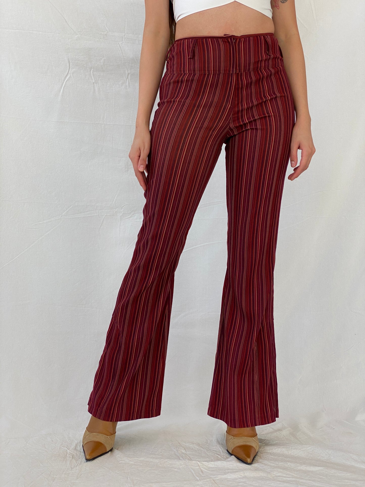 Y2K Striped Maroon Flared Leg High Waisted Pants - M