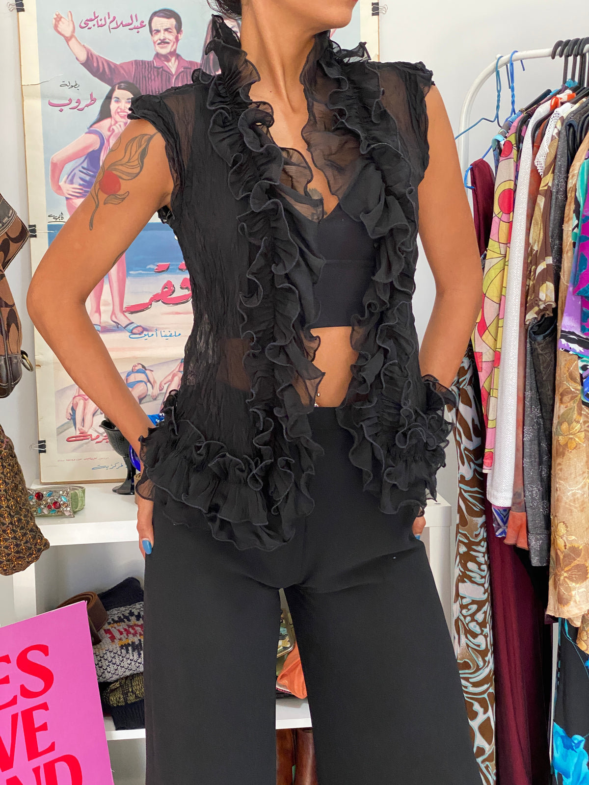 Y2K Emilie Black Sheer Sleeveless Ruffle Cardigan Chiffon Overlay – S Y2K Emilie Black Sheer Sleeveless Ruffle Cardigan Chiffon Overlay – S