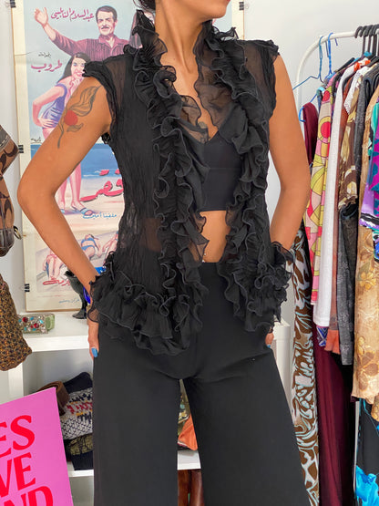Y2K Emilie Black Sheer Sleeveless Ruffle Cardigan Chiffon Overlay – S
