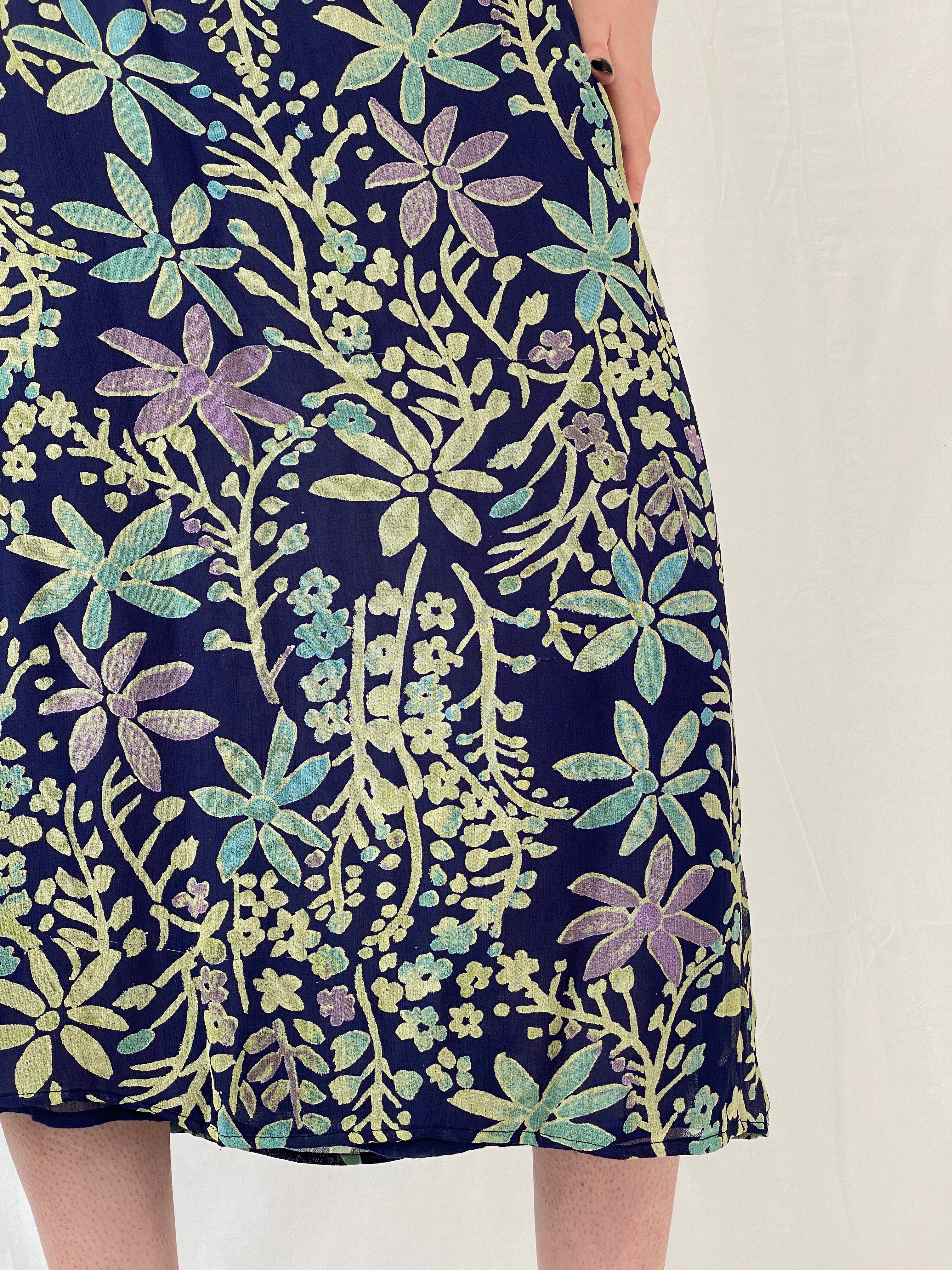 Vintage 90s Kusht Too Floral Navy Spaghetti Strap Slip Maxi Dress - M