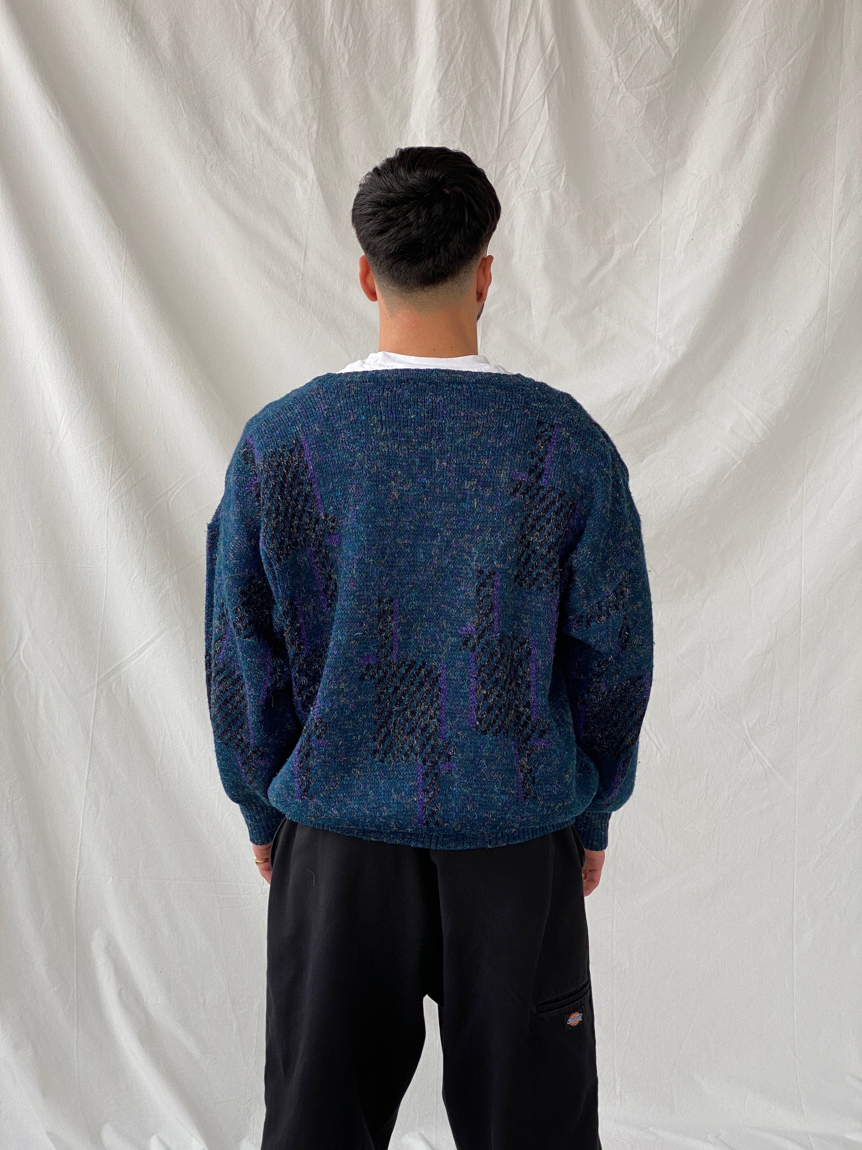 Vintage Retro 90s Angelo Litrico Blue Wool Blend V-Neck Sweater Pullover - XL