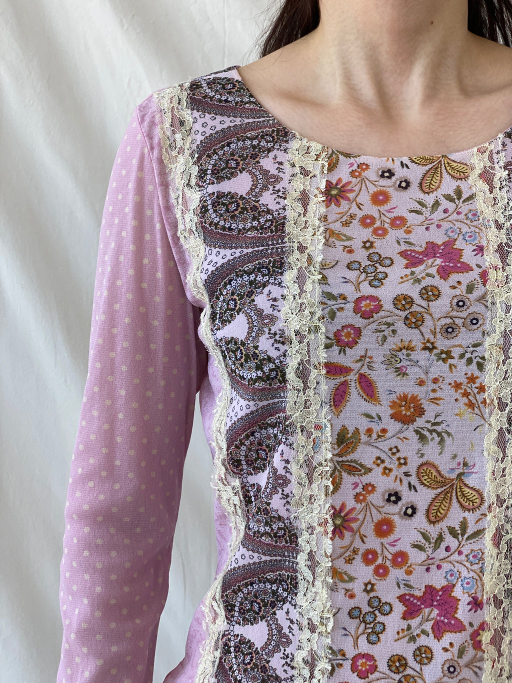 Vintage Taifun Collection Polka Dot Pink Lace Floral Detailing Long Sleeve Girly Coquette Mesh Top - L