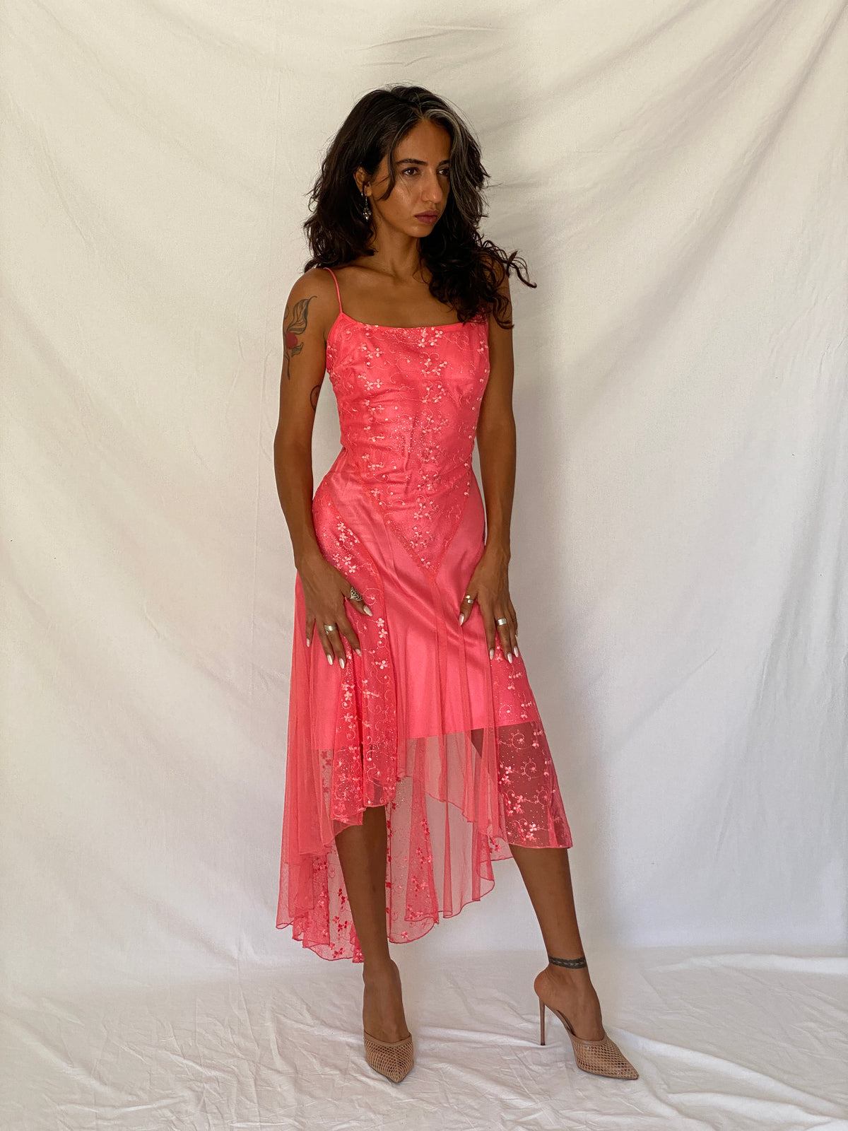 Vintage Y2K Eureka USA Hot Pink Embroidered Glitter Mesh High-Low Dress - XS Vintage Y2K Eureka USA Hot Pink Embroidered Glitter Mesh High-Low Dress - XS