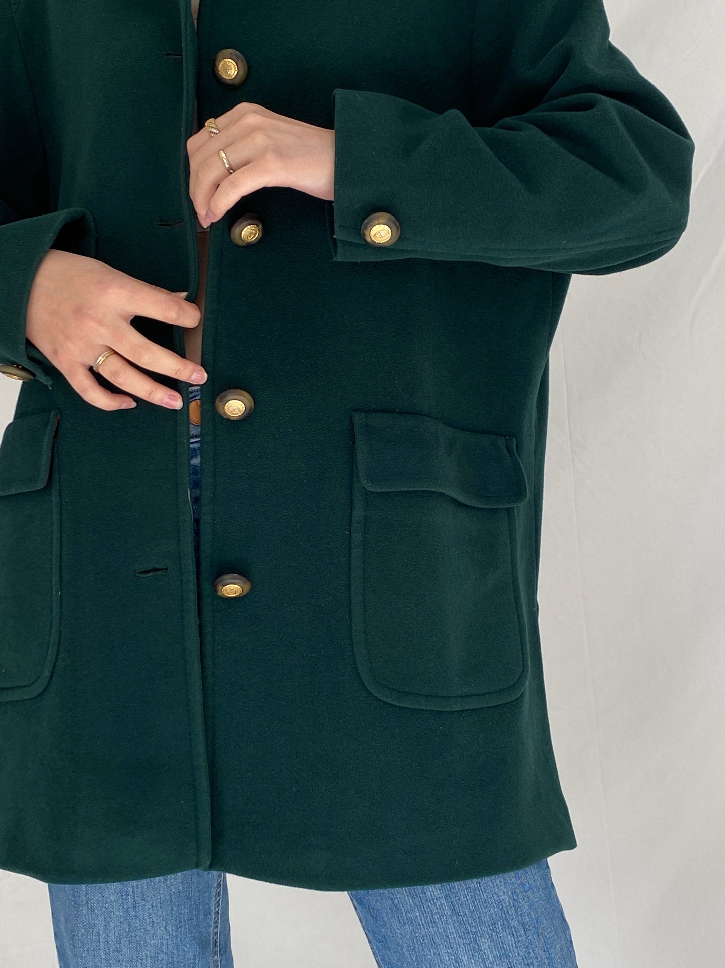 Vintage Viyella Green Wool Coat 90s Classic Tailored Wool Jacket, Minimalist Heritage Coat - L
