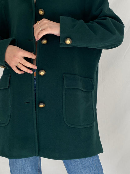Vintage Viyella Green Wool Coat 90s Classic Tailored Wool Jacket, Minimalist Heritage Coat - L