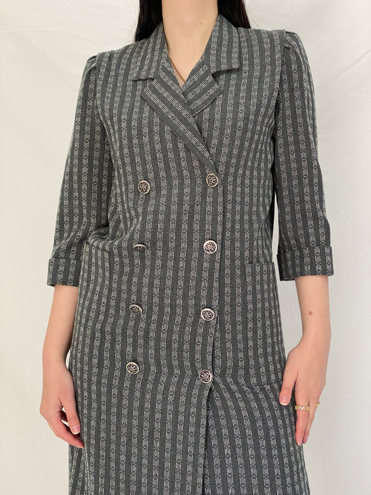 Vintage Leslie Fay Petites Gray Textured Double Breasted Blazer Dress - S Vintage Leslie Fay Petites Gray Textured Double Breasted Blazer Dress - S