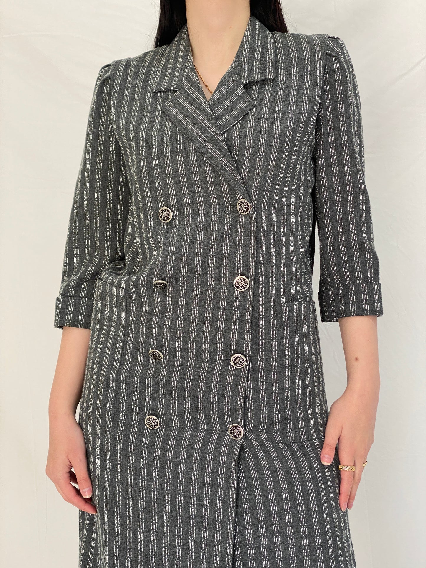 Vintage Leslie Fay Petites Gray Textured Double Breasted Blazer Dress - S