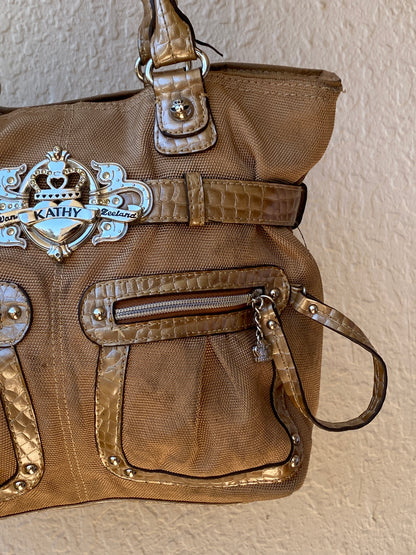 Vintage Y2K Kathy Van Zeeland Tan Canvas & Faux Croc Shoulder Tote Bag