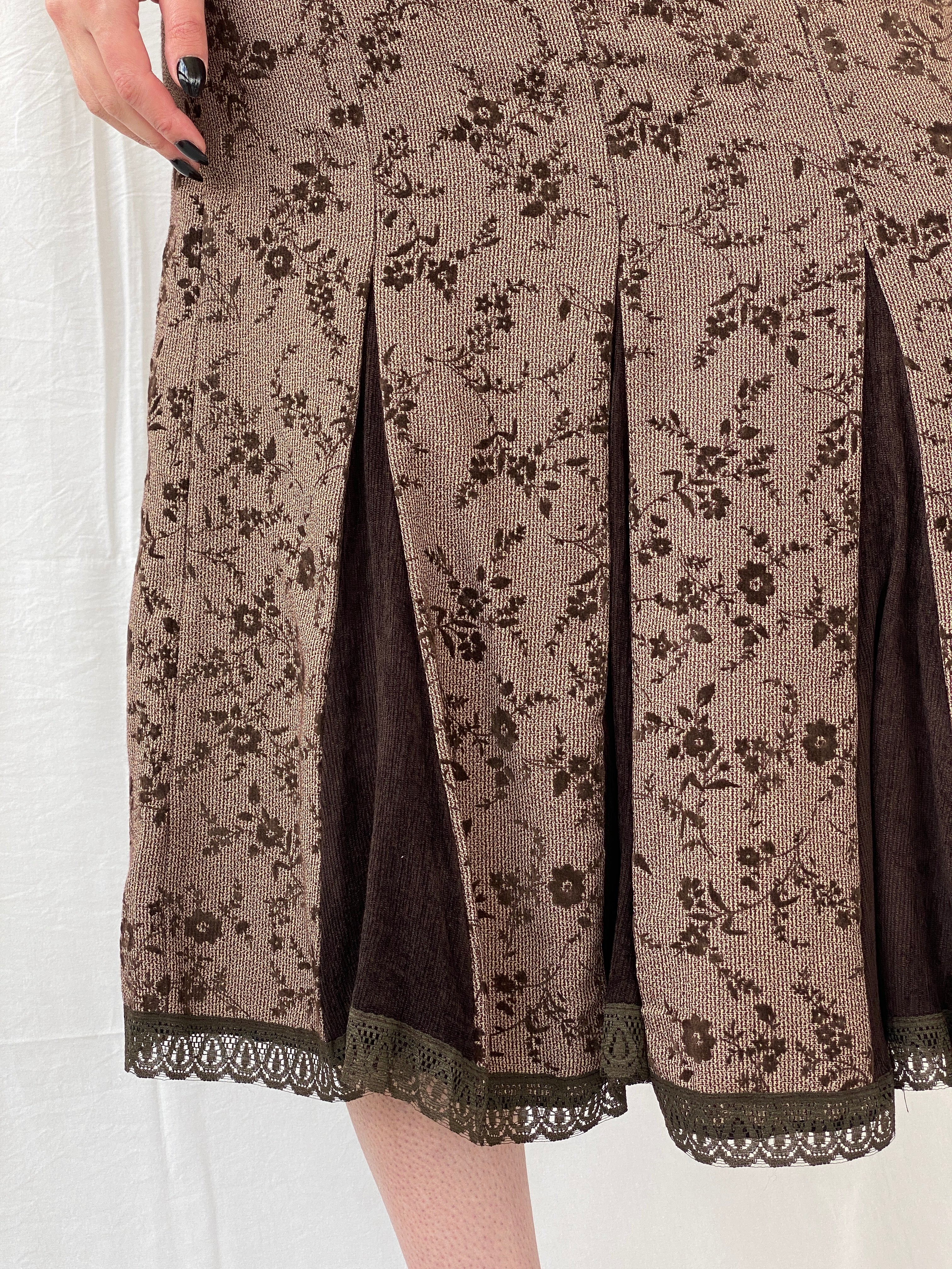 Vintage Floral Brown Lace Trim Pleated Corduroy Midi  Skirt - M
