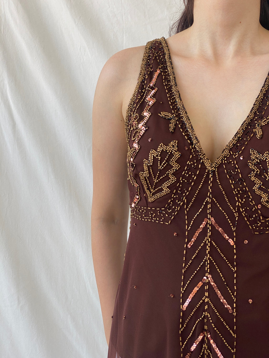 Vintage Wallis Brown Beaded Sequined Sleeveless Fairy Core Mesh Top - L