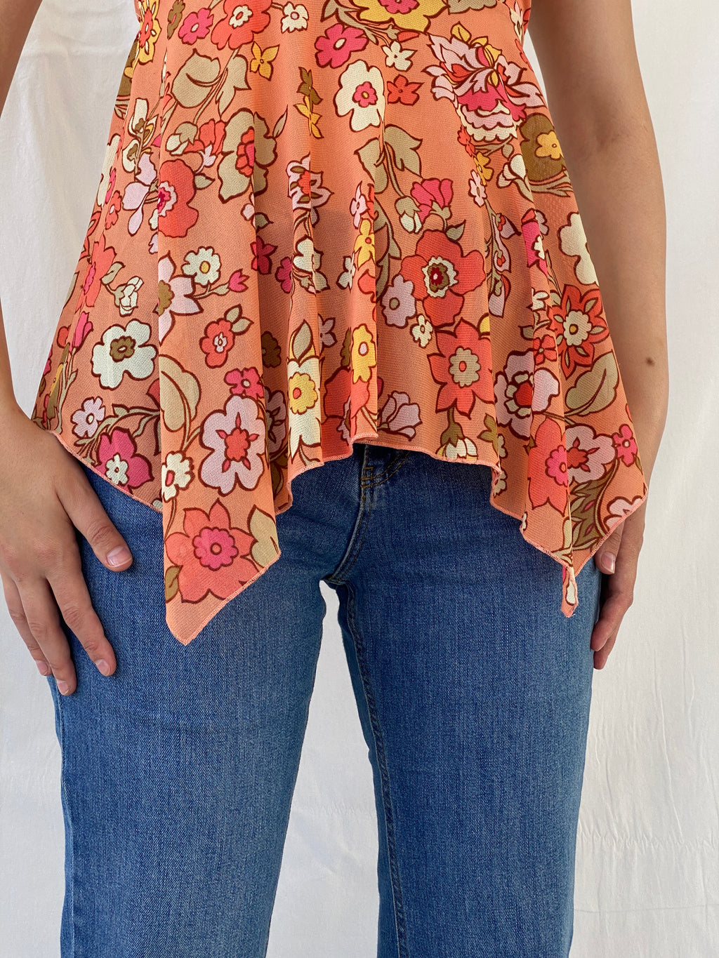 Cutest Y2K Self Esteem Peach Floral Fairy Asymmetric Cami Top - M