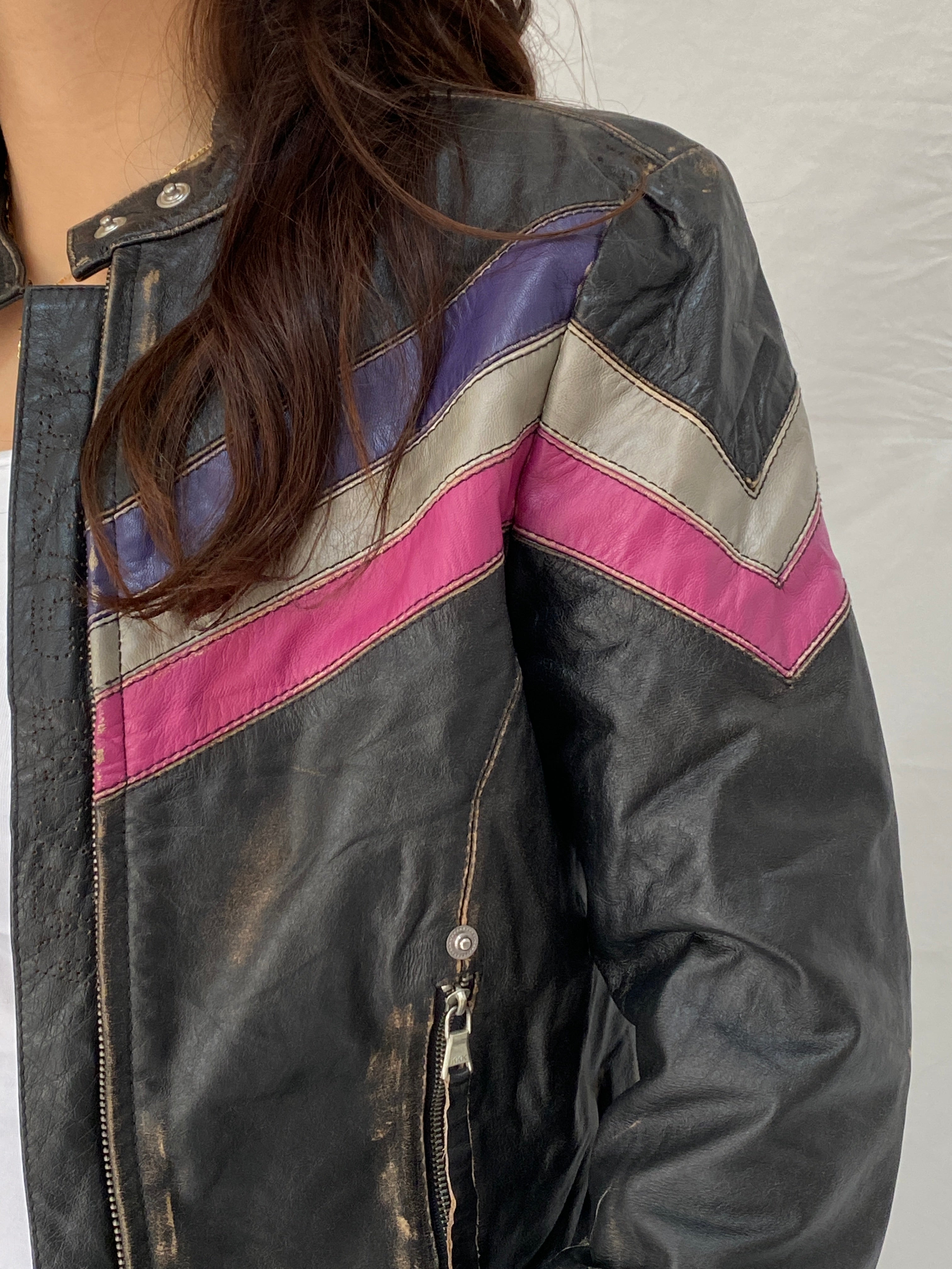 Vintage Miss Sixty Distressed Genuine Leather Moto Jacket Y2K Chevron Colorblock Biker - M