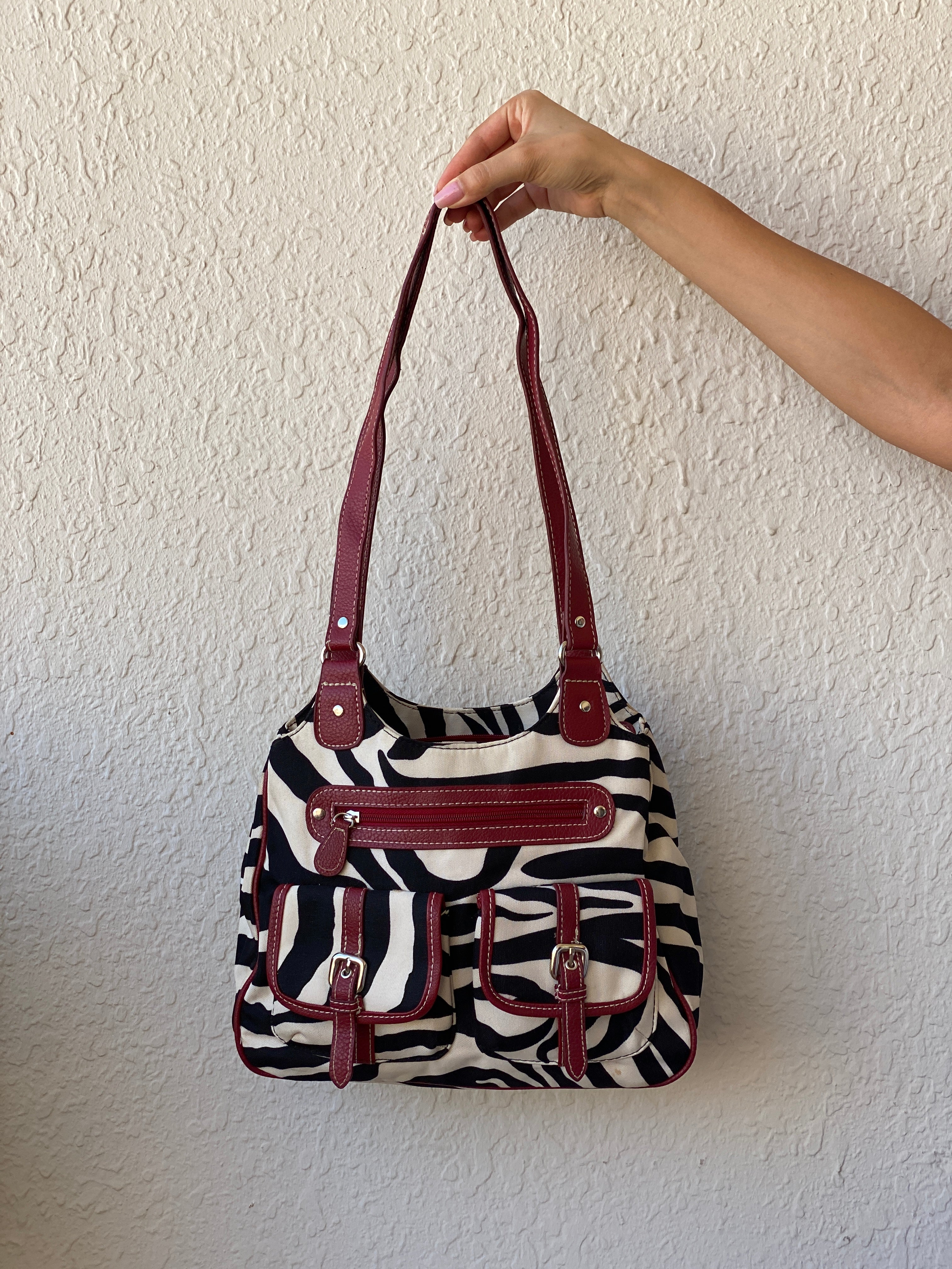 Vintage Y2K Zebra Print Black White Shoulder Bag Canvas with Faux Leather Red Detailing Purse